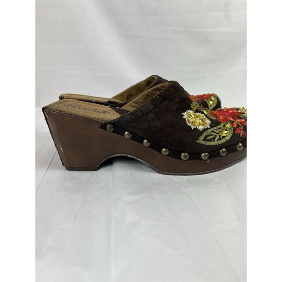 VTG Mudd Brown Suede Embroidered Clog Heels Boho Y2K Studded Platform Mules 8.5 - Picture 3 of 7
